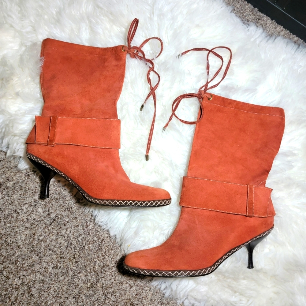 BCBG MAX AZRIA Rust Orange Buckle Heeled Mid-Calf Boots sz 9